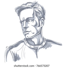 Grayscale portrait of good-looking severe man, black and white vector drawing. Emotional expressions idea image. 