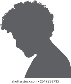 A grayscale profile silhouette of a person with curly hair bowed in a contemplative pose against a white backgroundThe image is minimalist and features a single figure