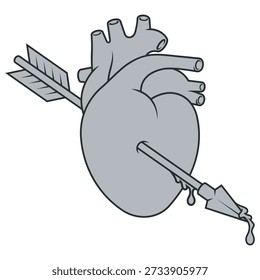 Grayscale representation of a realistic heart pierced by an arrow with a marked external stroke. Technical aesthetic that emphasizes the volume and structural shape of the organ.