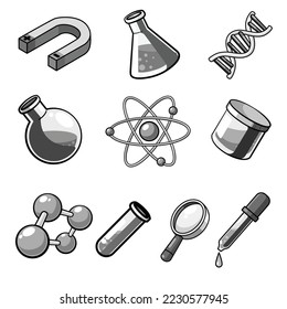 Grayscale science vector graphics with magnet, chemistry flask, DNA, atom, molecule, test tube, magnifying glass and dropper icons.
