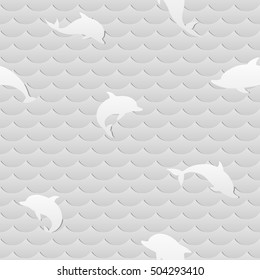 grayscale seamless background with the dolphins swimming in the quiet sea with small waves
