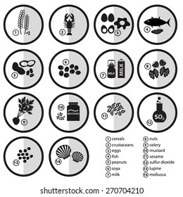 gray-scale set of typical food allergens for restaurants eps10