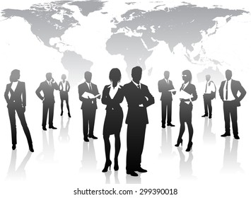 A gray-scale shaded concept of business women and men posing, reading and using technological devices like tablets or mobile phones. 
