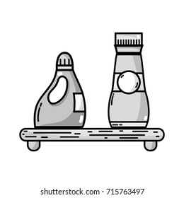 grayscale shelf with softener and detergent liquid bottle