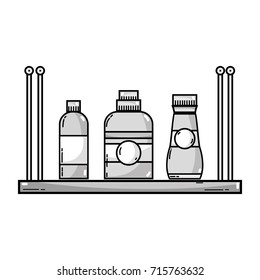 grayscale shelf with softener and detergent liquid bottle