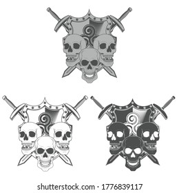 Grayscale shield skulls and swords vector design