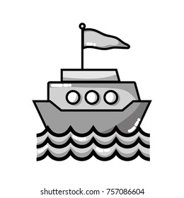 grayscale ship transportation with flag design and waves