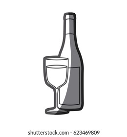 grayscale silhouette with bottle of wine and glass vector illustration