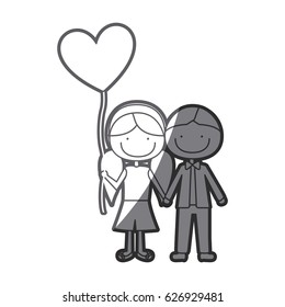 grayscale silhouette of caricature of boy short hair and girl with pigtails hair with balloon in shape of heart vector illustration