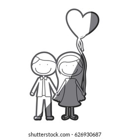 grayscale silhouette of caricature couple of him in formal suit and her in dress with balloon in shape of heart vector illustration