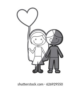 grayscale silhouette of caricature of couple kids in casual clothes with balloon in shape of heart vector illustration