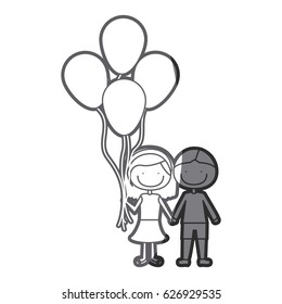grayscale silhouette of caricature of couple in suit informal with many balloons vector illustration