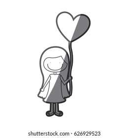 grayscale silhouette of caricature of smiling girl with dress and long hair with balloon in shape of heart vector illustration
