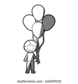 grayscale silhouette of caricature of smiling kid with t-shirt and pants with many balloons vector illustration