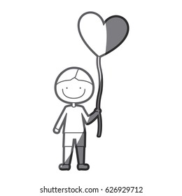 grayscale silhouette of caricature smiling kid with t-shirt and short pants with balloon in shape of heart vector illustration