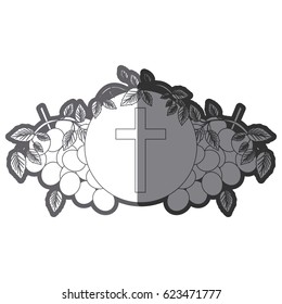 grayscale silhouette of communion religious icons of grapes and christian cross vector illustration