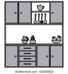grayscale silhouette of kitchen cabinets with utensils vector illustration