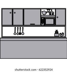 grayscale silhouette of kitchen with top cabinets vector illustration