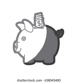 grayscale silhouette of moneybox in shape of pig with dollar bill vector illustration
