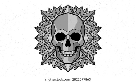 Grayscale skull graphic set against a sharp, faceted geometric background pattern ideal for apparel and posters.