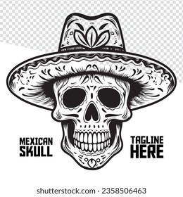 Grayscale skull, Mexican sombrero vector. Hand-drawn calavera. Logo, label, brand.
