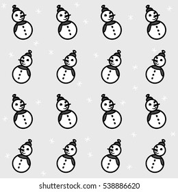 Grayscale snowmen and snowflakes seamless pattern. Winter holidays webpage background. Vector