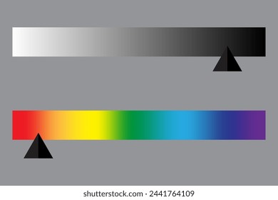 Escala de grises y gradientes de espectro. Barras de comparación de contraste. De claro a oscuro, transición de color. Recurso de diseño gráfico. Ilustración vectorial. EPS 10.