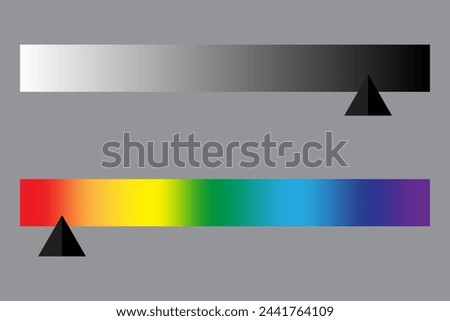 Grayscale and spectrum gradients. Contrast comparison bars. Light to dark, color transition. Graphic design resource. Vector illustration. EPS 10.
