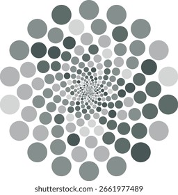 Espiral de escala de grises hecha de círculos que giran y se encogen en el centro sobre fondo blanco