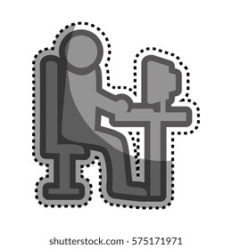 grayscale sticker with pictogram of man with computer