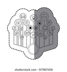 grayscale sticker with tech icons network vector illustration