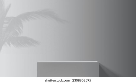 Grayscale studio background with palm branches shadow. Vector 3D illustration