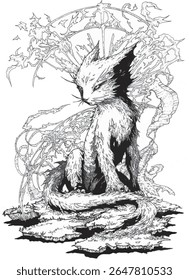 Grayscale style vector image of a mystical fox with a strong aura, suitable for fantasy story illustrations.