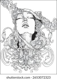 Grayscale style vector image of sleeping beauty face in sweet and elegant art nouveau shades, clean white background.