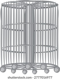 Grayscale Stylized Illustration of a Cylindrical Metal Cage or Architectural Structure with Central Pillar and Decorative Sphere