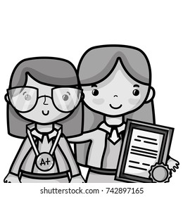 grayscale teacher with student to class education lesson