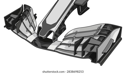 A grayscale technical illustration depicting a generic motorsport front wing. The design shows complex aerodynamic components, structural winglets, and composite material textures.