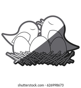 grayscale thick silhouette of bird in nest with eggs and chick vector illustration