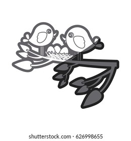 grayscale thick silhouette of birds and nest in tree branch in closeup vector illustration