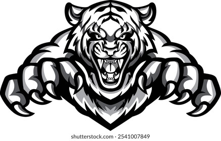 grayscale tiger mascot, roaring with claws extended. Perfect for brands or teams seeking a fierce, bold emblem of strength.