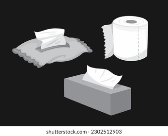 Grayscale tissue box and toilet tissue set collection vector illustration isolated on dark horizontal background. Monochrome shades of gray simple and flat styled drawing.