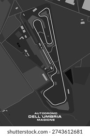 A grayscale, top-down map of the Autodromo dell'Umbria Magione racetrack. The white outline of the track is clearly visible, winding through a complex of buildings, pit lanes, and surrounding terrain. The map includes text at the bottom identifying the location as 'AUTODROMO DELL'UMBRIA MAGIONE'. The overall aesthetic is minimalistic and functional, resembling a blueprint or schematic.