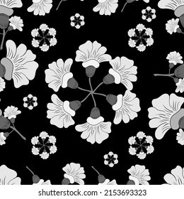 Grayscale tulip flower seamless pattern design, black and white floral wallpaper background suitable for fabric motif