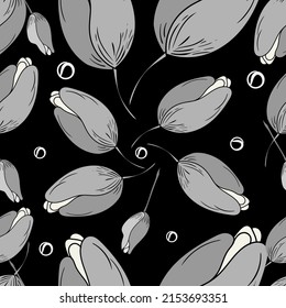 Flor de tulipán de escala de grises diseño de patrones sin fisuras, fondo de papel de pared floral blanco y negro adecuado para motivos de tela