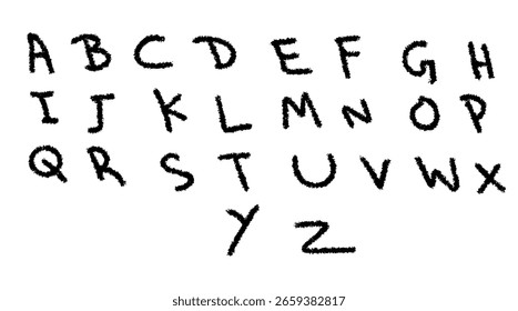 Alfabeto en mayúsculas en escala de grises, letras creativamente renderizadas, escritas a mano, texturizadas y únicas