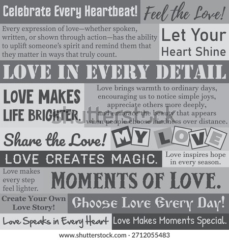 Grayscale Valentine themed newspaper background featuring love related text blocks and retro typography creating a classic editorial pattern perfect for holiday designs posters packaging branding