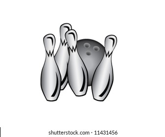 A grayscale vector of a bowling ball and 4 pins.