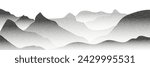 Grayscale vector halftone dots background with a fading dot effect, resembling a abstract mountain landscape. Black noise dots, a sand grain effect, and grunge banner .