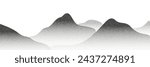 Grayscale vector halftone dots background with a fading dot effect, resembling a abstract mountain landscape. Black noise dots, a sand grain effect, and grunge banner.