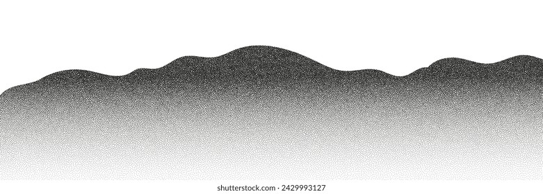 Grayscale vector halftone dots background with a fading dot effect, resembling a abstract mountain landscape. Black noise dots, a sand grain effect, and grunge banner.